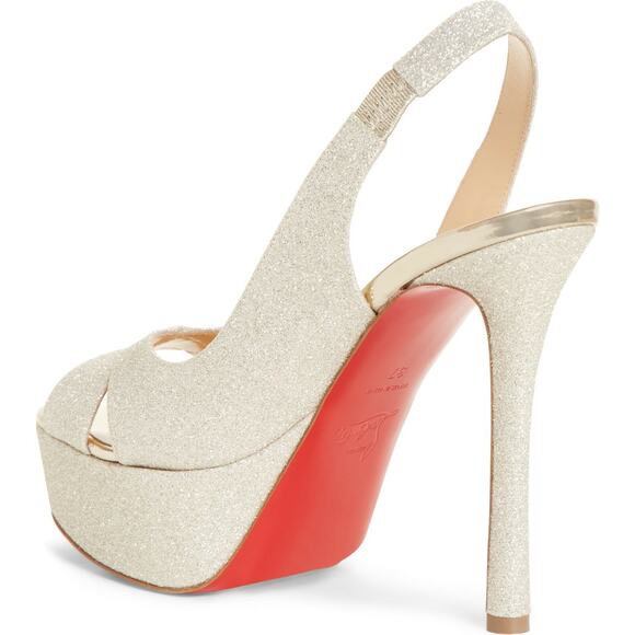 LOUBOUTIN POSTDAM 130 IVORY GOLD GLITTER LEATHER SLING BACK PLATFORM PUMPS 40.5 - Picture 3 of 12